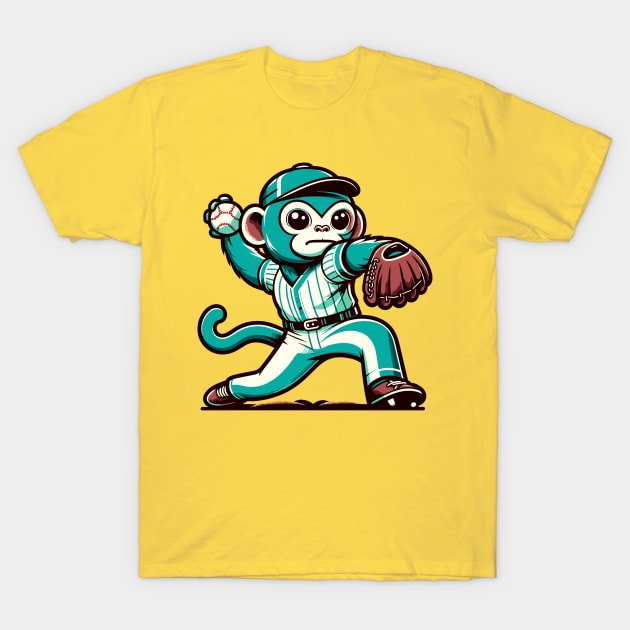 Throwback monkey pitcher - Vintage 1990s Cartoon Style Baseball Art T-Shirt by TimeWarpWildlife